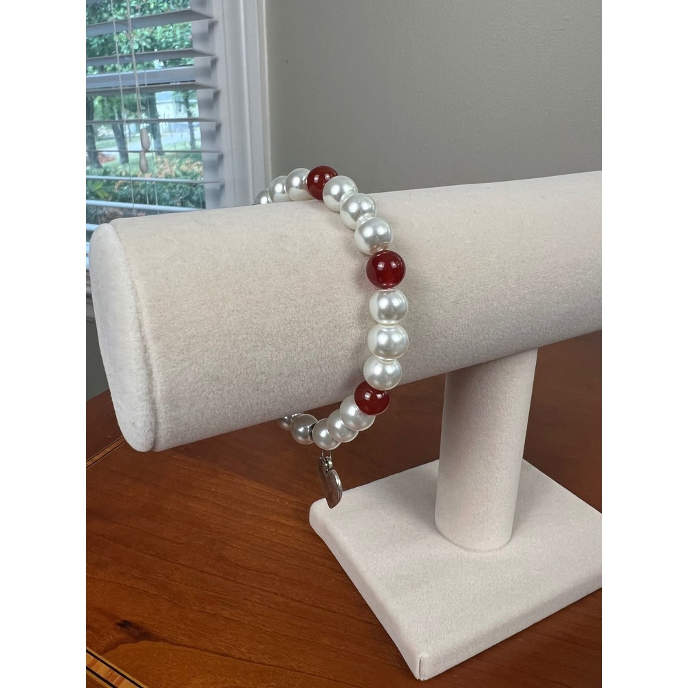 White Faux Pearl and Red Bead Stretch Bracelet with Silver Tone Heart Charm